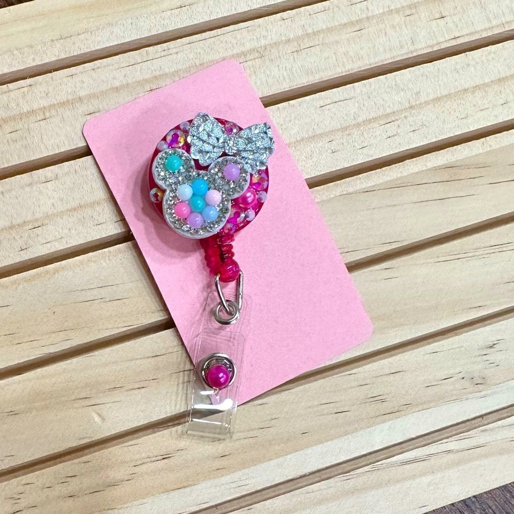 Minnie Mouse Rhinestone Bow Pink Glitter Clip On Badge Reel